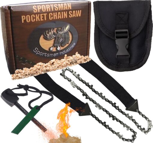 Sportsman Pocket Chainsaw 36 Inch Long Chain With Fire Starter Best Compact Folding Hand Saw Tool for Survival Gear, Camping, Hunting, Tree Cutting or Emergency Kit. Replaces Your Pruning & Pole Saw