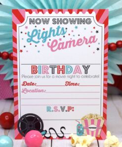 Movie Night Birthday Party Invitations for Girl, 20 5"x7" Fill In Cards with Twenty White Envelopes by AmandaCreation 10 719pogXEOXL