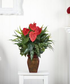 Nearly Natural 6678 Mixed Greens and Anthurium with Vase Decorative Silk Plant, Green 23 719rrzNnsRL