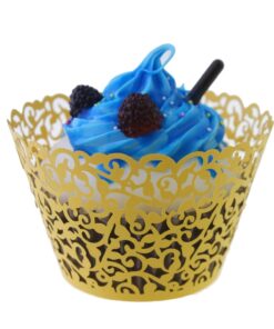 Alternative view of SUYEPER 100pcs Cupcake Wrappers Artistic Bake Cake Paper Cups Little Vine Lace Laser Cut Liner Baking Cup Muffin Case Trays for Wedding Party Birthday Decoration (Gold) Gold