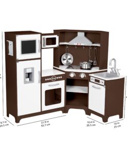 Amazon Basics Kids Corner Wooden Kitchen Toy Playset with Stove, Oven, Sink, Fridge and Accessories, for Toddlers, Preschoolers, Children Age 3+ Years, Espresso/Gray, 39.37"L x 28.35"W x 35.04"H Corner Kitchen 29 71A6Wk1ETiL