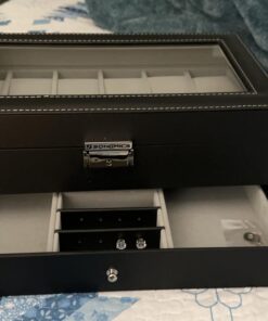 SONGMICS 12-Slot Watch Box, Lockable Watch Case with Glass Lid, 2 Layers, with 1 Drawer for Rings, Bracelets, Gift Idea, Black Synthetic Leather, Gray Lining UJWB012 Black + Gray 12 Slot 34 71AAu796JfL
