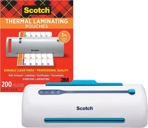 Scotch PRO Thermal Laminator and Pouch Bundle, 2 Roller System, Never Jam Technology Automatically Prevents Misfed Items (TL906) with Scotch Thermal Laminating Pouches, 200-Pack (TP3854-200) w/Laminating Machine