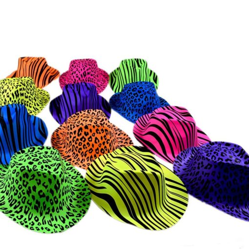 Novelty Place Neon Animal Print Plastic Party Hats, Fedora with Gangster Mafia Style, UV Blacklight Glow Party Stars Rave Hats for Kids and Teens in Birthday, Concerts, Music Party(Pack of 12)