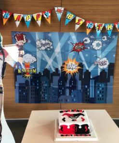 Superheroes Theme Party Photography Backdrop with Prop, Flag & Mask. Super Hero Cityscape Photo Booth Background for Kids Party, Birthday Wall Decorations 4*5.5 feet 29 71AWqeYbj7L