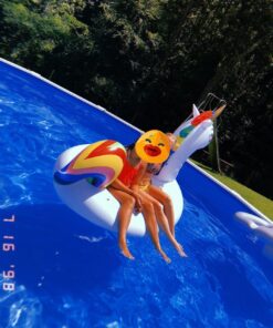 dreambuilderToy Giant Inflatable Unicorn Pool Float, 9 Feet Long , Unicorn Pool Float Floatie Ride On Large raft Summer Beach Pool Party Lounge for Kids and Adults (Unicorn Float) 26 71AuM4bY IL