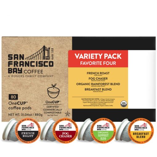 San Francisco Bay Compostable Coffee Pods - Original Variety Pack (80 Ct) K Cup Compatible including Keurig 2.0, French, Breakfast, Fog, Organic Rainforest 80 Count (Pack of 1)