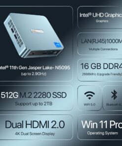 PELADN Mini PC, Intel 11th Gen N5095 (up to 2.9GHz) Win11 Pro, 16GB DDR4 RAM, 512GB SSD, 4K HD, BT4.2, Dual HDMI, WiFi 2.4G/5G, Gigabit Ethernet. Small Desktop PC 14 71AvW NistL