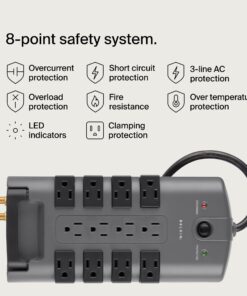 Belkin Surge Protector Power Strip w/ 8 Rotating & 4 Standard Outlets - 8ft Sturdy Extension Cord w/ Flat Pivot Plug for Home, Office, Travel, Desktop & Charging Brick - 4320 Joules of Protection 1 Pack 27 71BJ3zj0lL