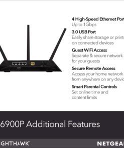 NETGEAR Nighthawk Smart Wi-Fi Router (R6900P) - AC1900 Wireless Speed (Up to 1900 Mbps), Up to 1800 Sq Ft Coverage & 30 Devices, 4 x 1G Ethernet and 1 x 3.0 USB Ports, Armor Security AC1900 WiFi with MU-MIMO 22 71BNtAN63gL 1