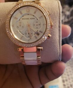 Michael Kors Parker Women's Watch, Stainless Steel and Pavé Crystal Watch for Women with Steel, Leather, or Silicone Band Rose Gold/White 19 71BYk3cnQ6L