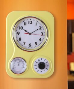 Alternative view of Lily's Home Retro Kitchen Wall Clock, with a Thermometer and 60-Minute Timer, Ideal for Any Kitchen, Yellow (9.5 in x 13.3 in)
