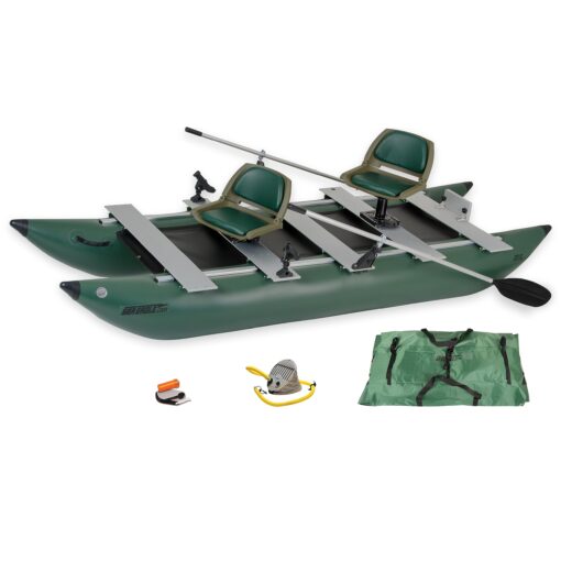 Sea Eagle 375fc FoldCat 1-2-Persons Inflatable Fishing Pontoon Boat, Lightweight & Portable, w/2 Green Swivel Seats, Pedestal, Oar Set, Scotty Rod Holders, Boat Bag, & Pump 375fc FoldCat Deluxe