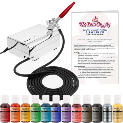 U.S. Cake Supply - Complete Cake Decorating Airbrush Kit with a Full Selection of 12 Vivid Airbrush Food Colors - Decorate Cakes, Cupcakes, Cookies & Desserts 14 Piece Set