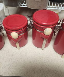 Canister Sets For The Kitchen (4 Piece Set) Red, High Gloss Ceramic | By Home Basics | Decorative | With Wooden Spoons, Countertop Set For Flour, Sugar, Coffee, and Snacks 33 71BhNz0lrVL