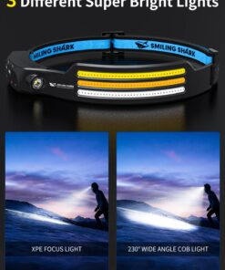 Smiling Shark LED Headlamp, 230°Wide Angle 3*Multi-Color Light Strips 2 Packs Head Lamp Rechargeable with Motion Sensor Waterproof Headlight for Camping Hiking Outdoor, Head-Lamp-LED-Hat-Light Multicolor 8 71BiHxN79PL
