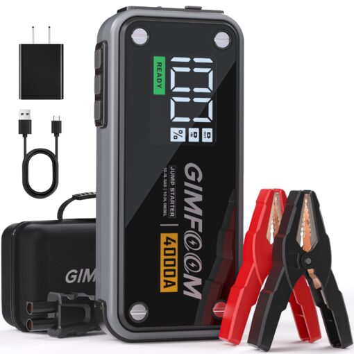 GIMFOOM Jump Starter, 4000A Car Battery Jump Starter with Wall Charger (10L Gas & 10L Diesel Engines), 12V Jump Starter Battery Pack with 3.4 Inch Smart Display, Jump Box with 400 Lumens LED Light Gray