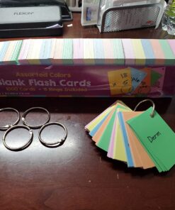 Star Right Assorted Colored Blank Flash Cards - 2"x3" Blank Index Note Cards, Flash Cards Blank, 1000 Pre Hole Punched Index Cards w/Metal Binder Rings, Blank Flashcards for GMT Prep, Math, Language 2" x 3" Multi-color 31 71BtzXpTDPL