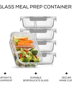 JoyJolt Divided Food Storage Containers with Lids Airtight. 5 Pack Glass Meal Prep Containers 2 Compartment Set Glass Bento Box. Reusable Food Containers, Portion Control Containers for Weight Loss Gray 32 71C0zgW0kVL