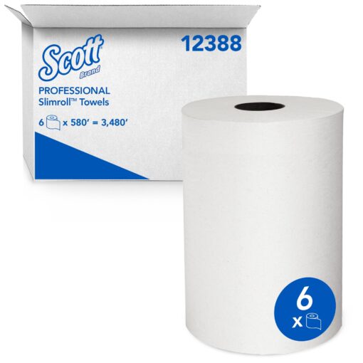 Scott Control Slimroll Hard Roll Paper Towels (12388) with Fast-Drying Absorbency Pockets, White, 6 Rolls / Case, 580' / Roll Paper Towels 6 Rolls