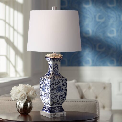 Barnes and Ivy Iris Vintage Asian Chinese Style Table Lamp 28" Tall Porcelain Blue Floral Jar Geneva White Drum Shade Decor for Living Room Bedroom House Bedside Nightstand Home Office Reading Blue and White