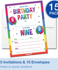 Alternative view of Papery Pop 9th Birthday Party Invitations with Envelopes (15 Count) - 9 Year Old Kids Birthday Invitations for Boys or Girls - Rainbow