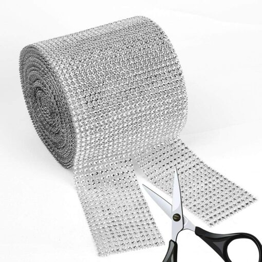 BEARHORN Diamond Rhinestone Mesh Ribbon, Wedding Ribbon, Cake Ribbon, Vase Decorations, Party Supplies 4.75" x 10 Yards, 24 Row, 1 Roll (Silver)