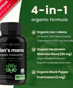Organic Lions Mane Mushroom Supplement (2 Month Supply - 120 Count) Mental Clarity, Memory & Focus Supplement | Vegan Cordyceps & Reishi Mushroom Capsules | Supports Immune System & Brain Health 10 71CRnM50JmL