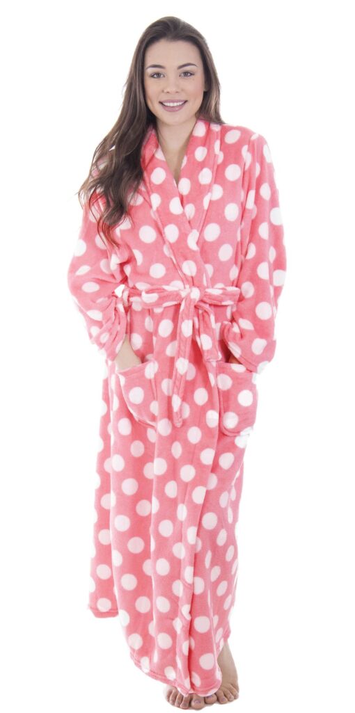 Simplicity Women's Winter Warm Fleece Plush Kimono Bathrobe with Pockets One Size Pink Background White Dot