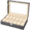 READAEER 12 Slot PU Leather Watch Box Display Case Jewelry Organizer with Glass Top