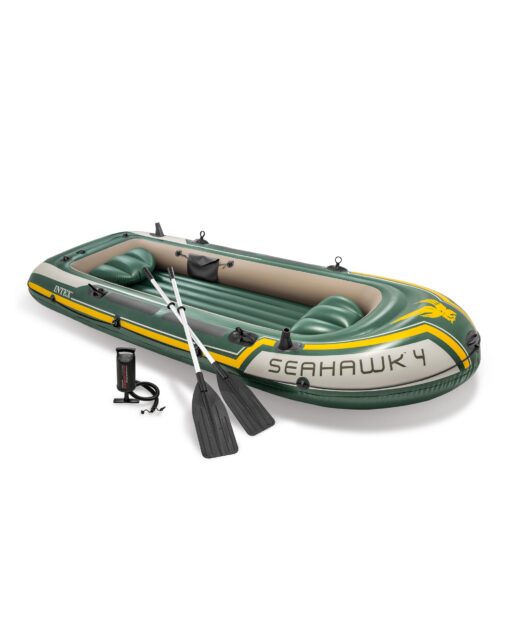 INTEX Seahawk Inflatable Boat Series: Includes Deluxe Aluminum Oars and High-Output Pump – SuperStrong PVC – Fishing Rod Holders – Heavy Duty Grab Handles – Gear Pouch Seahawk 4 Boat Set