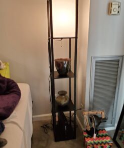 Floor Lamp with Shelves - Room Light by LIGHTACCENTS - Corner Storage Standing Bookshelf Lamp - Bedroom Light with Wooden Storage Shelves and White Cotton Linen Shade (Black) Black 34 71CgJbhEJpL