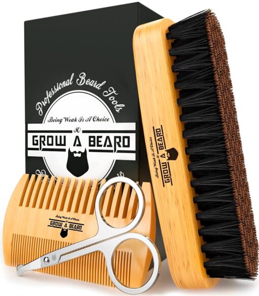 Beard Brush for Men & Beard Comb Set w/Mustache Scissors Grooming Kit, Natural Boar Bristle Brush, Dual Action Wood Comb, and Travel Bag Great for Christmas Gift (Bamboo) Bamboo