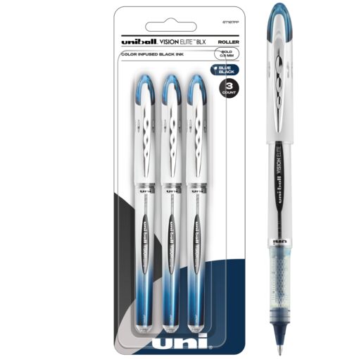 Uniball Vision Elite BLX Rollerball Pens, Blue/Black Pens Pack of 3, Bold Pens with 0.8mm Ink, Ink Black Pen, Pens Fine Point Smooth Writing Pens, Bulk Pens, and Office Supplies