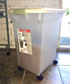 IRIS USA 55 Lbs / 67 Qt WeatherPro Airtight Pet Food Storage Container with Attachable Casters, For Dog Cat Bird and Other Pet Food Storage Bin, Keep Pests Out, Translucent Body, Almond/Clear Clear/Almond 52 71CqVz1EnOL 1