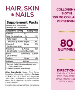 Nature's Bounty Optimal Solutions Hair, Skin & Nails with Biotin and Collagen, Citrus-Flavored Gummies Vitamin Supplement, 2500 mcg, 80 Ct 80 Count (Pack of 1) 25 71D1iZmskQL