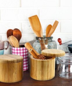 Estilo 2 pc Premium Bamboo Salt and Pepper Bowls, Wooden Spice Containers with Magnetic Swivel Lids, Perfect for Salt, Spice, Sugar, Pepper 2-Pack 22 71D24UKIEgL