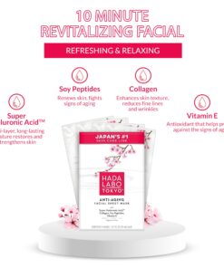 Hada Labo Tokyo Anti-Aging Facial Sheet Mask, with Super Hyaluronic Acid, Collagen, Soy Peptides & Vitamin E, Spa Face Mask Reduces Fine Lines & Wrinkles, Firms & Hydrates, 4 ct 18 71D7wNLwvDL