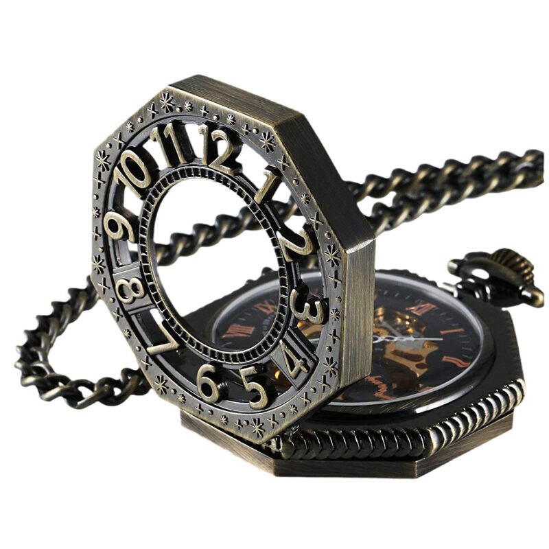 Carrie Hughes Mens Steampunk Railroad Octagon Skeleton Mechanical Pocket Watch with Chain in Box CHPW02