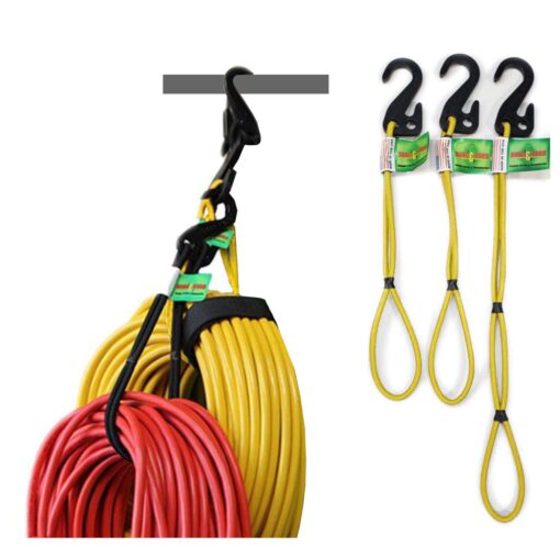 Hook & Hang Bungee Cords - Storage & Organization Cords - Hang Hoses, Cords, Ladders, Bikes, Tools & More. an Incredible Organizer! (3 PK, Yellow) 3 Pack (1) 18" & (2) 14" Cords