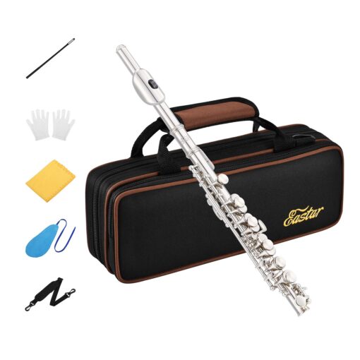 Eastar Piccolo Instrument for Beginners Students, Key of C Piccolo Flute, with Hard Case Cleaning Rod, Cloth, Swab and Gloves, 2-Piece, Silver Plated Piccolo, EPC-2S