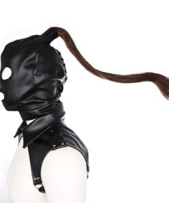 HOT TIME BDSM PU leather Adjustable Pony Tail Holes Hood Mask With Long Hair Halloween Cosplay Head Mask Open Eyes Mouth for Mask Hair Holes Costume 14 71DItRgOXiL