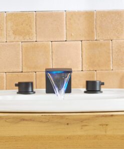 BWE Led Waterfall Widespread 8 Inch 2 Handle Bathroom Faucet 3 Hole Matte Black with Pop Up Drain Assembly with Overflow and Supply Line Vanity Lavatory Sink Mixer Tap 13 71DM9XIUDsL