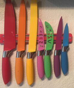 Chefcoo Kitchen Knife Set Plus Magnetic Strip and Sharpener One Cutlery Knives-Best Color Cooking Gadgets-Includes Cheese, Pizza, Paring, 14.5 x 10.9 x 1.5 inches, Red, Yellow, Blue, Green, Pink 28 71Db1eq4SBL