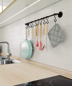 Wallniture 24" Gourmet Kitchen Rail for with 10 S Hooks for Hanging Utensils, Pot Pan Lid Rack Storage Organizer Set, Steel, Black 20 71DhtdnLwnL