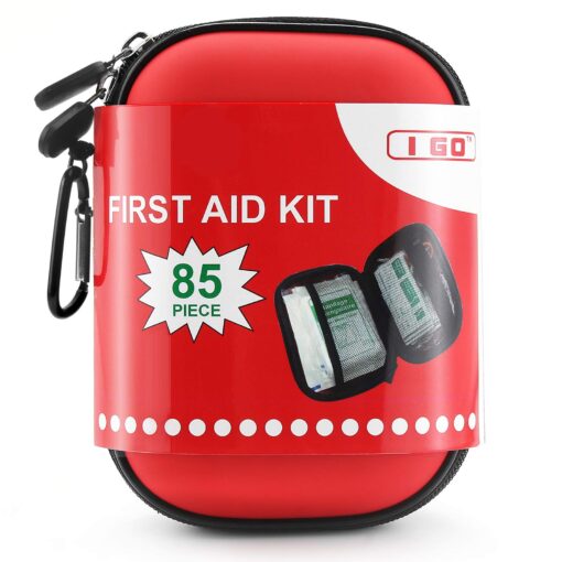 I GO 85 Pieces Hard Shell Mini Compact First Aid Kit, Small Personal Emergency Survival Kit for Travel Hiking Camping Backpacking Hunting Marine Car Red