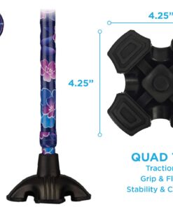 NOVA Sugarcane, Walking Cane with Quad Tip and Carrying Strap, Stand Alone Cane, Maui Flowers Design 10 71Dr30MJSEL
