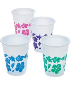 Fun Express Hibiscus Design Disposable Cups, Bulk Set of 50 - Each holds 16 oz - Luau, Tiki and Summer Party Supplies Drinkware