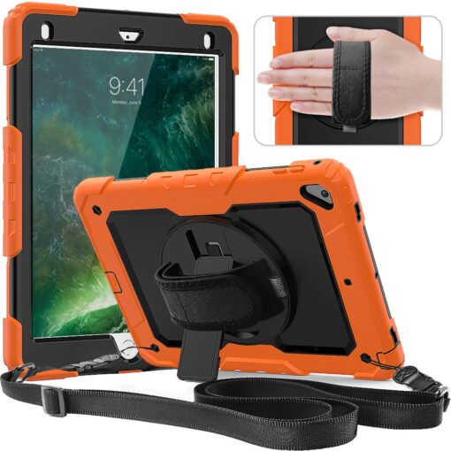 Timecity Case for iPad 6th/5th Generation, iPad 9.7 Inch Case with Screen Protector Rotating Stand/Hand Strap Full-Body Silicone+PC Durable Protective Case for iPad 5th/ 6th /Air 2/ Pro 9.7- Orange Black+Orange