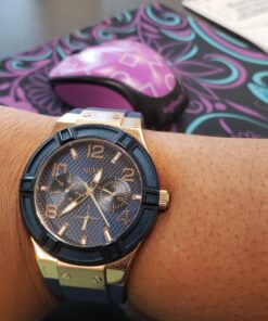 GUESS Women Stainless Steel Quartz Watch with Silicone Strap Blue/Blue/Rose Gold Tone/Blue 32 71E QS3RyL